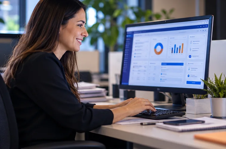 Profissional sorrindo enquanto utiliza um sistema de folha de pagamento no computador
