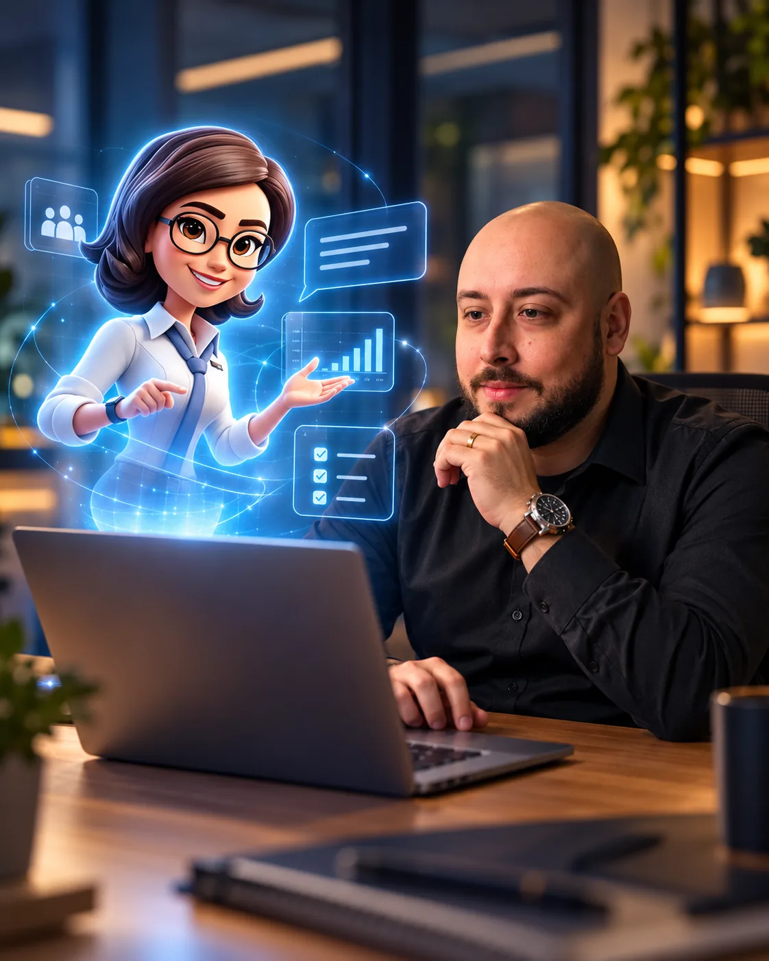 Especialista da SinergyRH acessando o computador com a Syni flutuando para fora da tela, simbolizando inteligência artificial com humanização