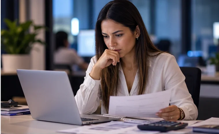Analista de RH concentrada revisando um documento ao lado do notebook e da calculadora