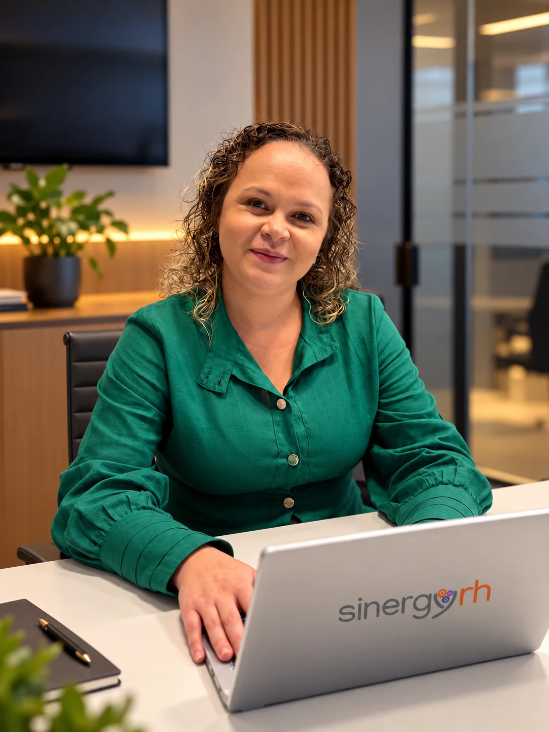Colaboradora da SinergyRH sorrindo enquanto trabalha em um notebook com a marca da empresa